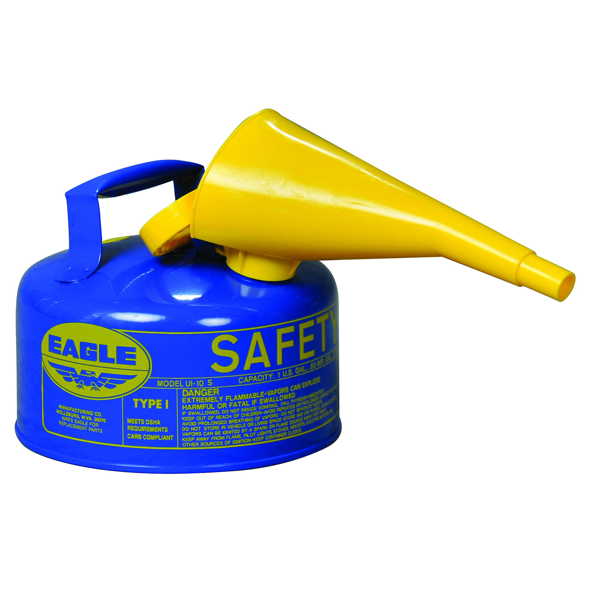 Eagle 1 Gallon Steel Safety Can for Kerosene — Type I, Flame Arrester, Funnel, Blue, Model# UI10FSB
